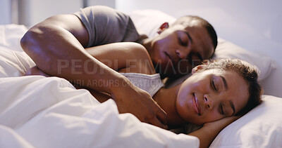 Buy stock photo Couple, hug and sleeping in bed at home for relax, love and fatigue together with rest, break and night. Man, woman and cuddle in house bedroom for comfort, exhausted or tired on weekend with pillow