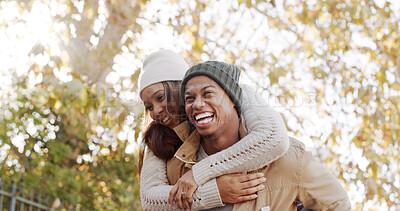 Buy stock photo Outdoor, couple and smile on piggyback for bonding, love and support as lovers for trust. People, park and happy in relationship on date for romance, care and affection together on valentines day 