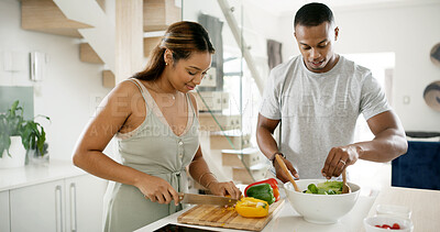 Buy stock photo Couple, kitchen and smile with cutting vegetables for salad at home for meal prep, lunch and nutrition. Apartment, people and happy in relationship with food on bowl for support, love and bonding