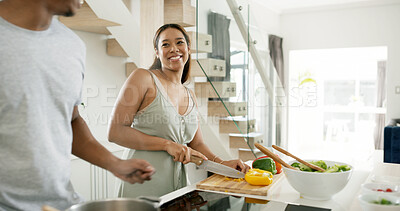 Buy stock photo African couple, happy and cooking in home for bonding, dinner and relationship together with vegetables. People, smile and meal prep in kitchen for love, support and brunch with food, diet and salad