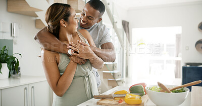 Buy stock photo African couple, hug and cooking in kitchen for dinner, bonding and relationship together with vegetables. People, smile and meal prep in home for love, support and brunch with food, diet and salad