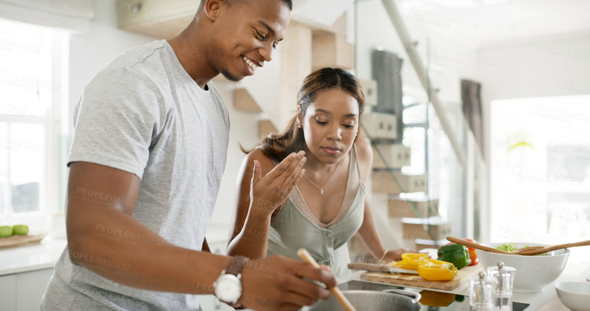 Buy stock photo Cooking, smell and couple with ingredients, kitchen and bonding with food, meal prep and recipe in home. Happy, man and nutrition of diet, love and woman with vegetables, healthy or culinary in house