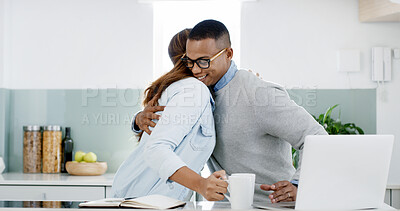 Buy stock photo Hug, laptop and couple in kitchen with coffee in morning for greeting, love and bonding together. Happy, computer and wife embracing man with remote work for marriage connection with care at in home.