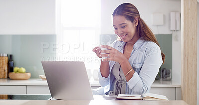 Buy stock photo Woman, home and laptop in kitchen laughing for social media, online ebook or networking. Happy lady, funny video and internet for research or entertainment, communication and freelance coffee break