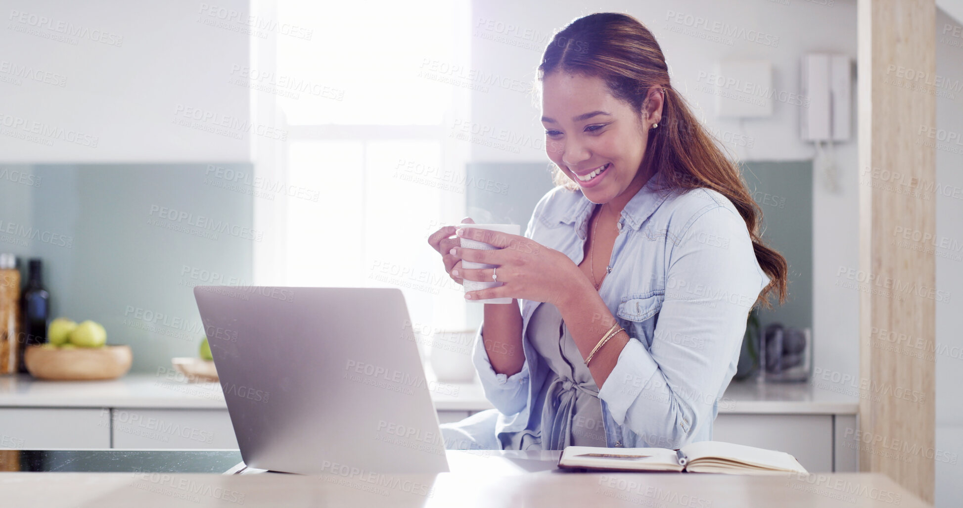 Buy stock photo Woman, kitchen and laptop laughing for social media, online ebook or networking at home. Happy lady, funny video and internet for research or entertainment, communication and freelance coffee break