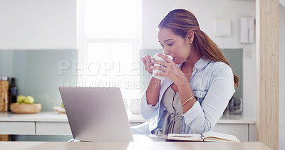 Buy stock photo Woman, home and laptop in kitchen thinking for social media, online ebook or networking. Happy lady, remote work and internet or research for entertainment, communication or freelance coffee break