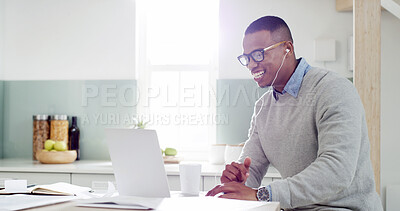 Buy stock photo Business, man and laptop for video call in home for webinar, virtual meeting and communication with paperwork. Remote work, earphones and happy professional with online interaction in web conference