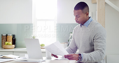 Buy stock photo Man, documents and paperwork in kitchen for mortgage review, insurance research and bills in home. Guy, computer and check documents with asset management, tax registration and budget spreadsheet