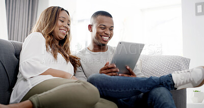 Buy stock photo Couple, laugh and relax on sofa with tablet, streaming subscription and social media memories in home. Happy man, woman or tech in lounge for comedy show, funny movie or humor viral video on internet