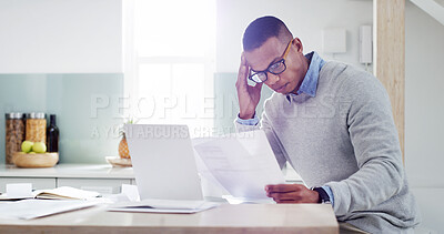 Buy stock photo Man, thinking and paperwork in kitchen for insurance review, mortgage documents and bills in home. Guy, coffee break and accounting with asset management, tax registration and budget spreadsheet