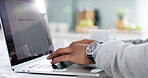 Man, hands or laptop screen in home for remote work, planning or connectivity for banking. Person, typing or computer in kitchen for budget, finance management or entrepreneur on tech for networking