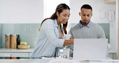 Buy stock photo Couple, laptop and pointing in home for planning, travel discussion and online shopping. Man, woman and coffee at computer for ecommerce checkout, payment option and choose accommodation in kitchen