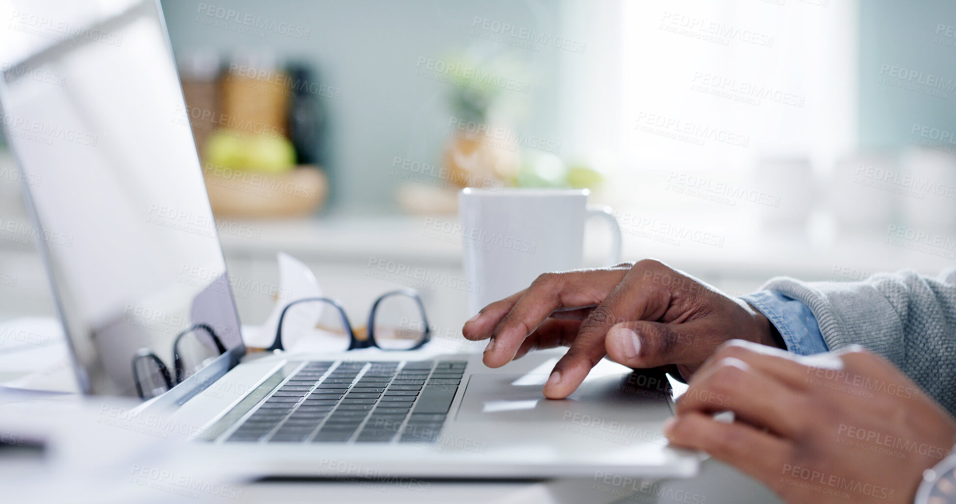 Buy stock photo Man, hands and laptop in home for remote work, research and connectivity for online banking. Person, scroll or computer in kitchen for ecommerce, web browsing or entrepreneur with tech for networking