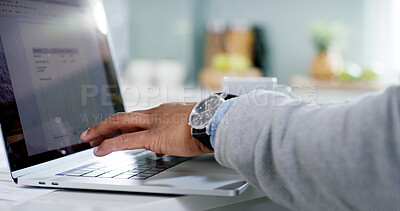 Buy stock photo Person, hands or laptop screen in home for remote work, planning or connectivity for banking. Man, typing or computer in kitchen for budget, finance management or entrepreneur on tech for networking