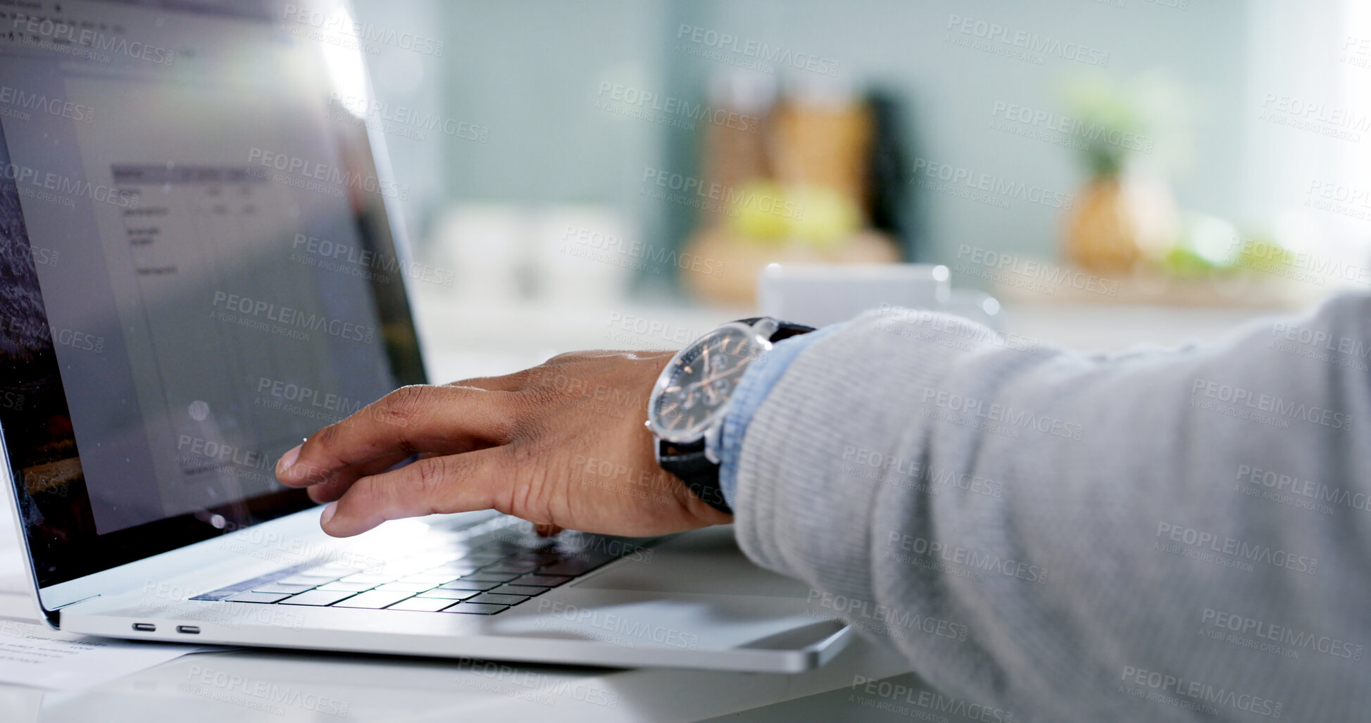 Buy stock photo Person, hands or laptop screen in home for remote work, planning or connectivity for banking. Man, typing or computer in kitchen for budget, finance management or entrepreneur on tech for networking