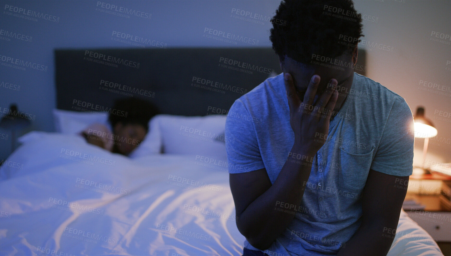 Buy stock photo Black couple, night or bed with stress for breakup, divorce or cheating affair at home. African, man and woman in bedroom or late evening with mistake for argument, conflict or disagreement at house