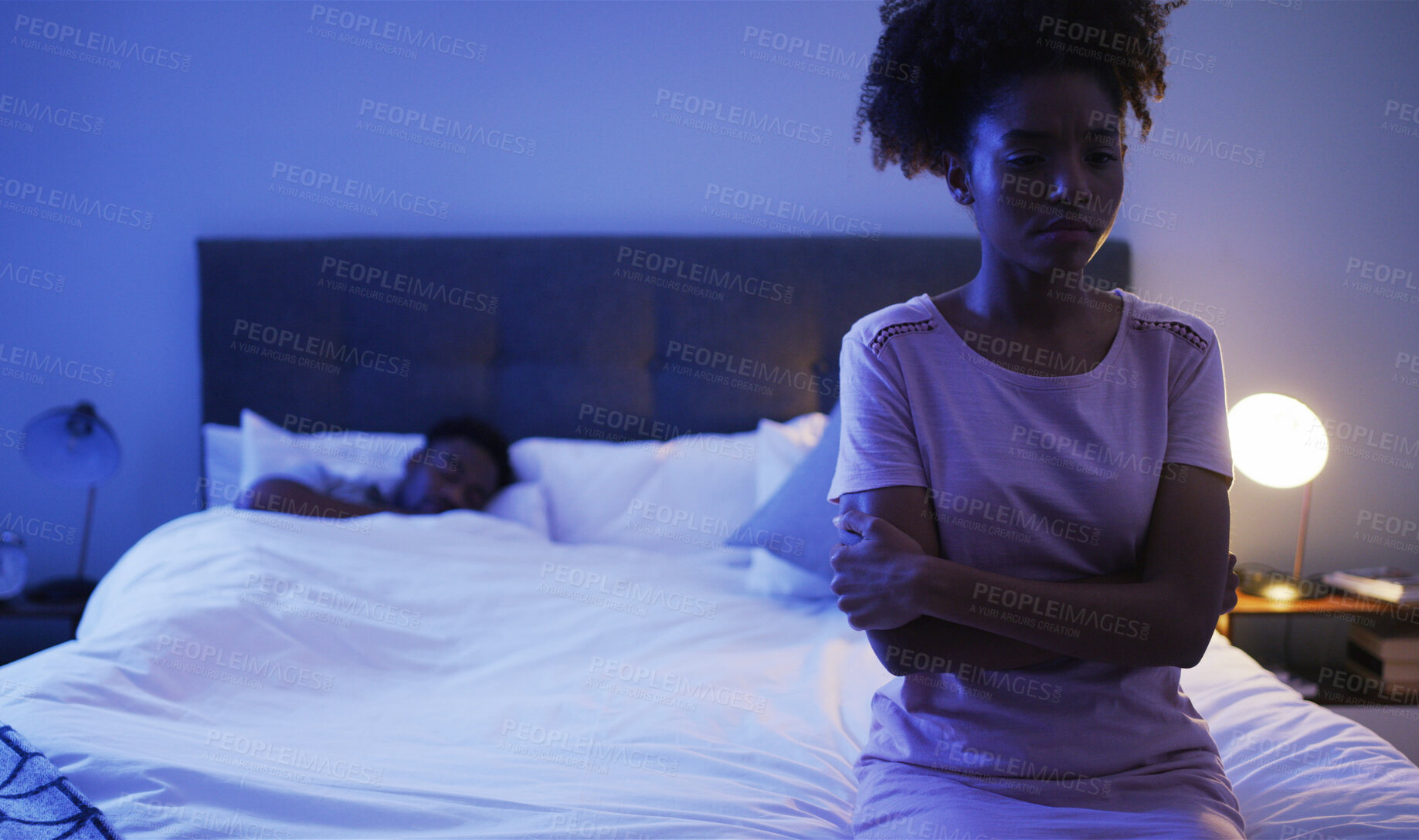 Buy stock photo Depressed, woman and bed with African couple, night and marriage trouble from infertility with stress and fight. Bedroom, sit and thinking of divorce and relationship conflict at home with insomnia