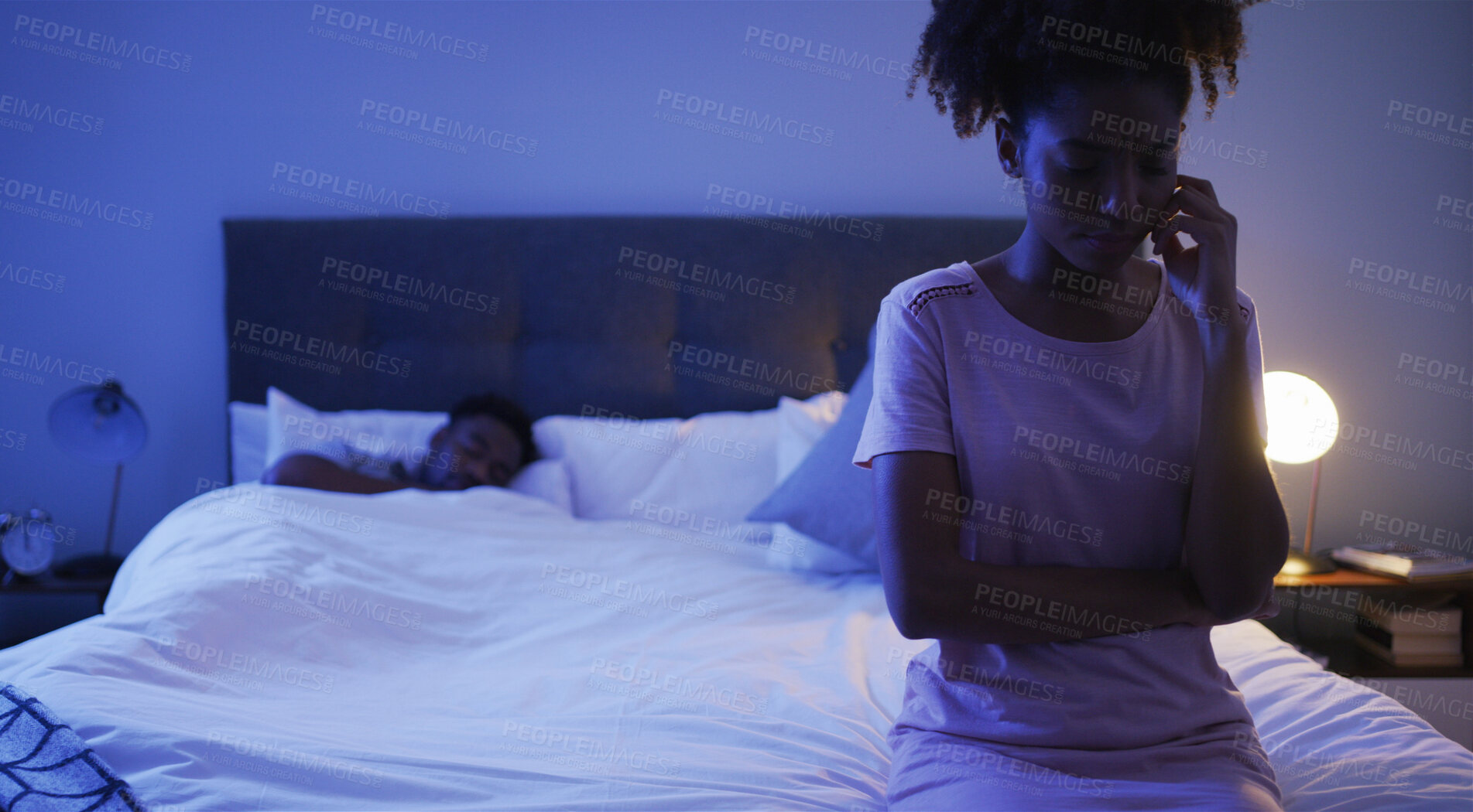 Buy stock photo Thinking, sad woman and bed with African couple, night and marriage problem from infertility with stress. Bedroom, sitting and anxiety from divorce and relationship conflict at home with insomnia