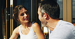 Porch, couple and breakfast with smile at hotel with happy people, fruit and room service. Morning, marriage and bonding together with food, eating and anniversary trip on patio with summer travel