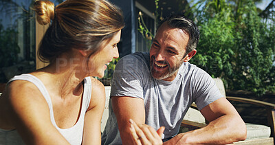 Buy stock photo Happy couple, outdoor and bonding on holiday for travel, vacation and anniversary trip in hotel. Marriage, together and people with smile, love and romantic getaway for memory, relax and relationship