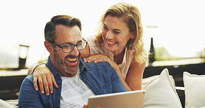 Buy stock photo Tablet, laughing and mature couple in home planning romantic vacation, holiday or getaway together. Happy, digital technology and people on sofa in living room for booking hotel reservation at house.