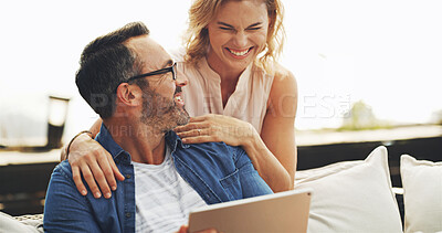 Buy stock photo Tablet, love and mature couple in home planning romantic vacation, holiday or getaway together. Happy, digital technology and people on sofa in living room for booking hotel reservation at house.