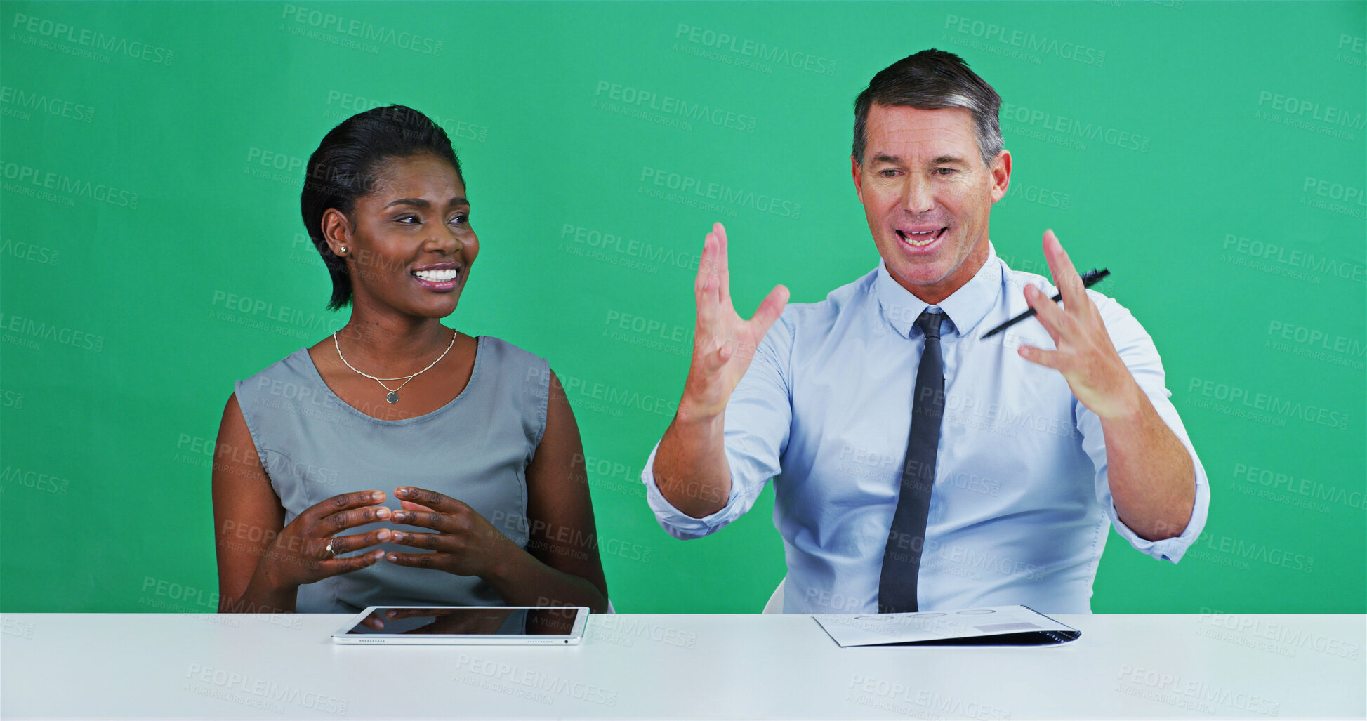 Buy stock photo Studio, green screen and reporters in newsroom for business conversation, team talk and journalism. Chroma key, man and woman with presenter or news analyst for politics on tv broadcast on background