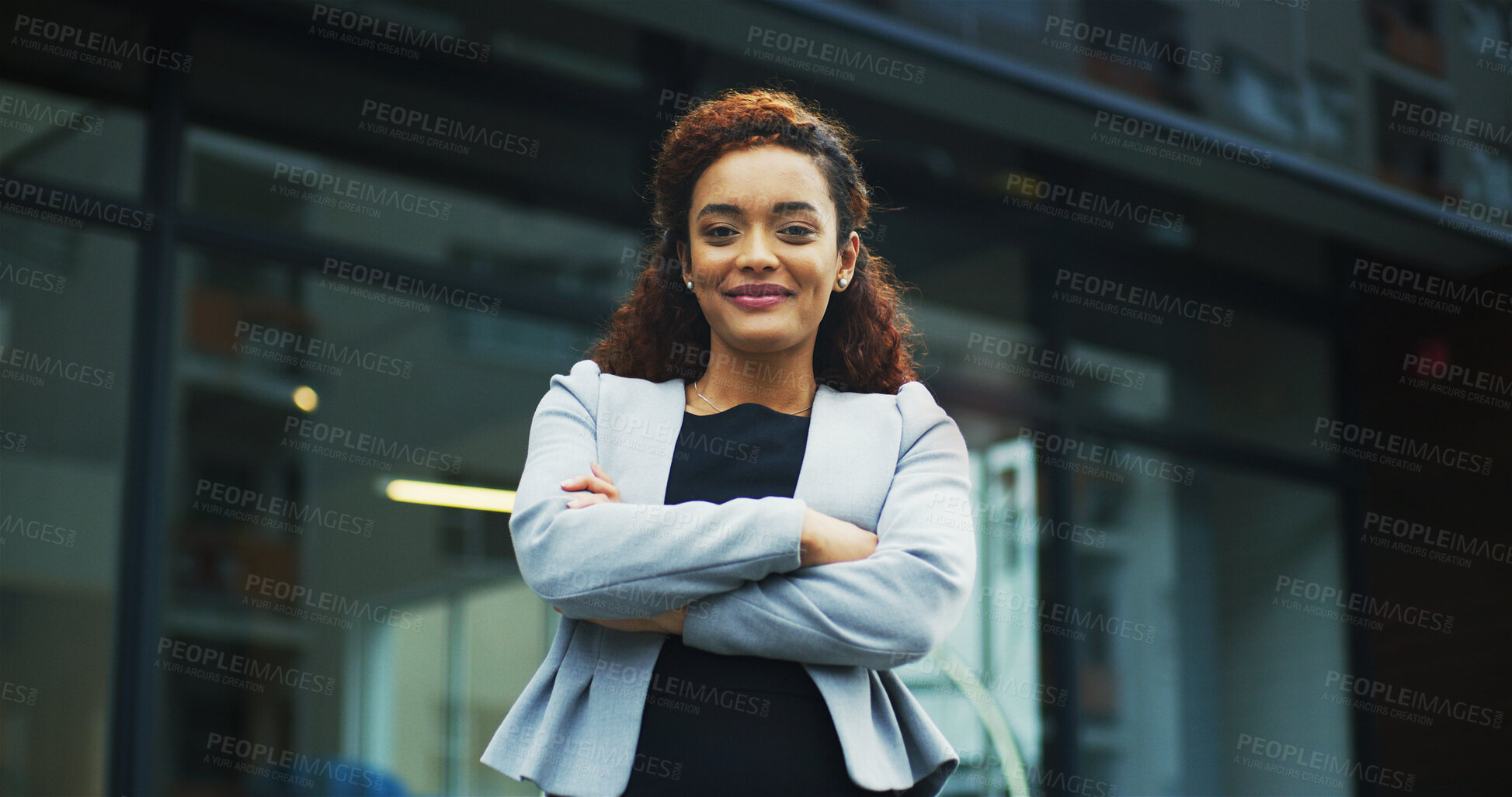 Buy stock photo Crossed arms, happy and portrait of businesswoman in city with confidence for finance career. Professional, outdoor and female financial executive from Colombia with pride in morning at urban town.