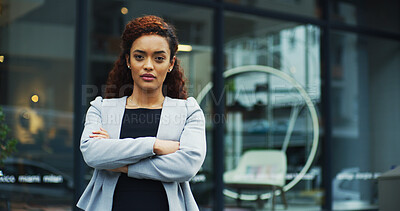 Buy stock photo Crossed arms, serious and portrait of businesswoman in city with confidence for finance career. Professional, outdoor and female financial executive from Colombia with pride in morning at urban town.