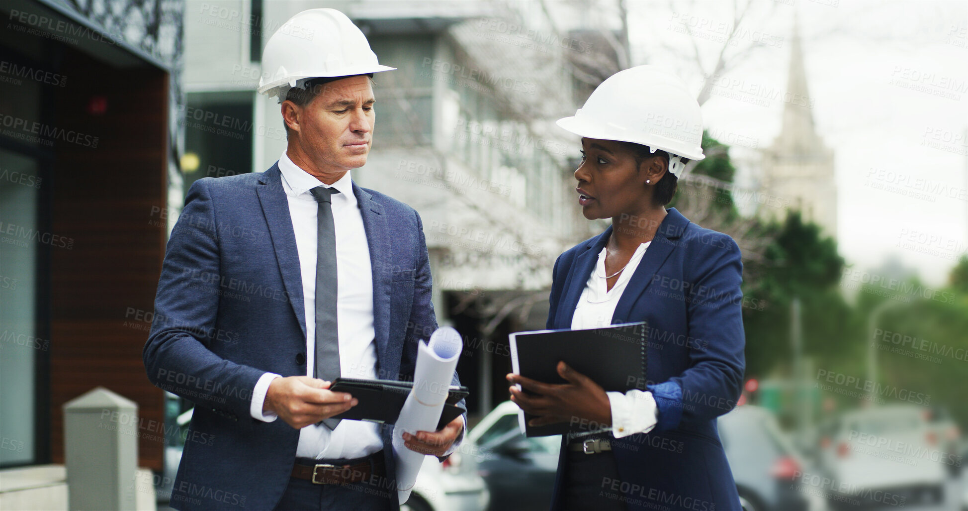 Buy stock photo Engineering, people and document in city for planning, urban development and project management. Architecture team, discussion or checklist at meeting for inspection, contractor feedback and business