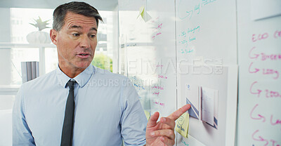 Buy stock photo Employee, finance and mature man with presentation, feedback and workshop for investment. Seminar, speaker or accountant with review for annual budget, solution or share information for stock market