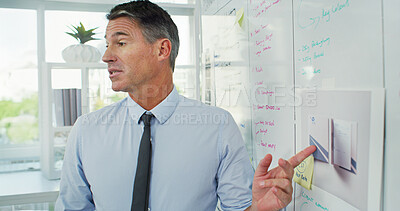 Buy stock photo Business, finance and mature man with presentation, feedback and workshop for investment. Employee, speaker or accountant with review for annual budget, solution or share information for stock market