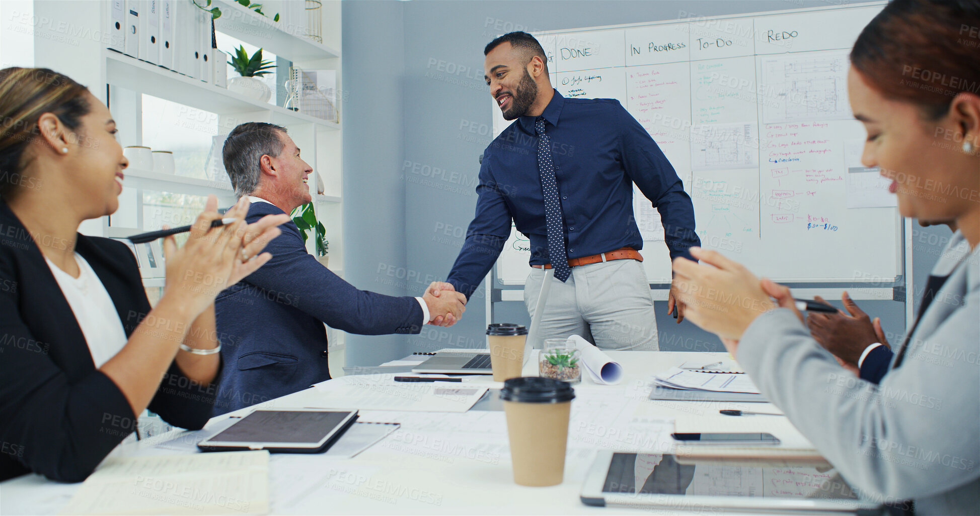 Buy stock photo Handshake, planning and applause with business people in meeting for success, brainstorming and teamwork. Proposal, winner and shaking hands with group of employees in office for progress report