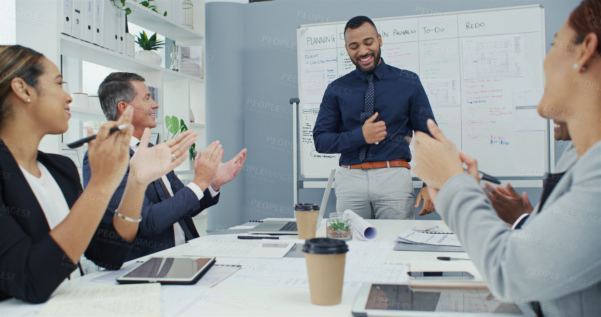 Buy stock photo Presentation, group and clapping for speaker, boardroom and audience engagement for speech or praise. Thank you, teamwork and success in conference, sales and corporate people in workshop or applause