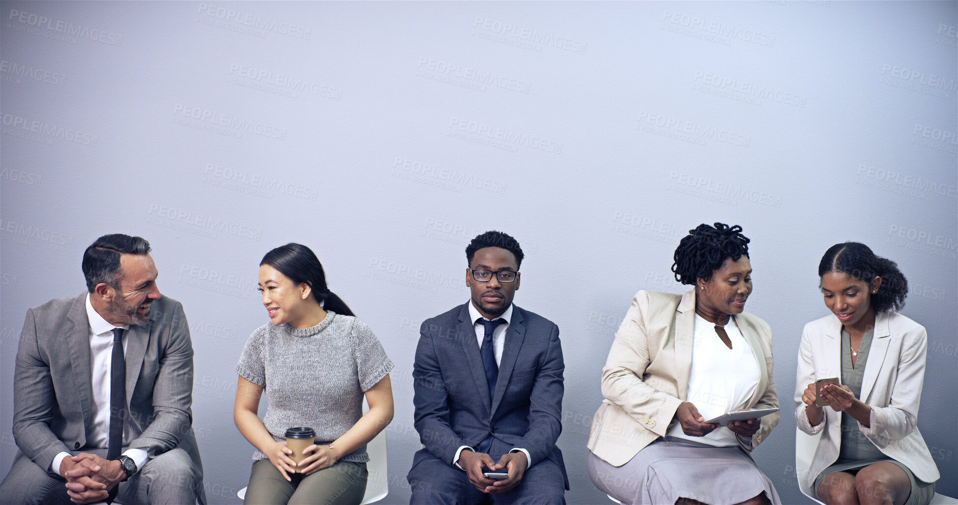 Buy stock photo Man, portrait and queue for interview at office with diversity, networking or onboarding at recruitment company. Person, row and waiting room for human resources, people and mock up space at agency