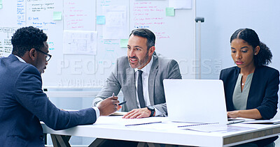 Buy stock photo Business people, meeting and laptop for brainstorming, ideas and conversation in finance agency. Teamwork, diversity and group in technology for investment opportunity, audit and tax review in office