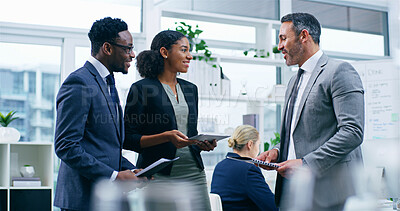 Buy stock photo Conversation, documents and business people in meeting, finance and coworking in modern office. Employees, staff and accounting firm with support, advice and mentor with feedback and review budget