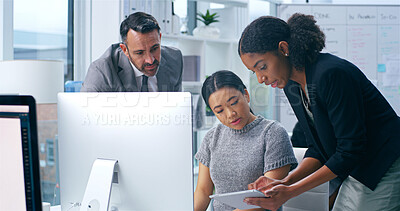 Buy stock photo Business people, meeting and computer for feedback, ideas and brainstorming in finance agency. Teamwork, diversity and advice on technology for investment opportunity, audit and tax review in office