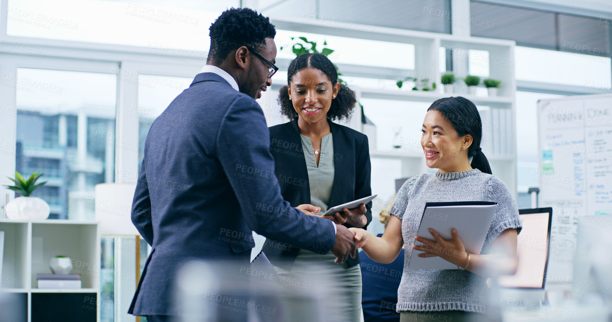 Buy stock photo Handshake, tablet and business people in meeting, finance and coworking in office. Employees, thank you or accounting firm with partnership, teamwork or digital app with feedback or review budget