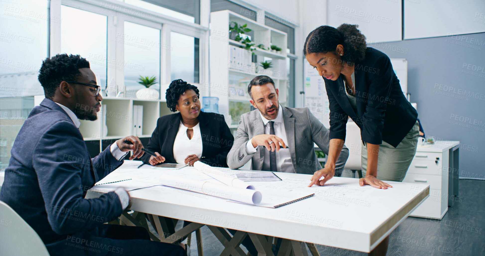 Buy stock photo Blueprints, engineering and business people in meeting, planning and coworking in modern office. Employees, staff or architecture with conversation, teamwork or mentor with feedback or review project