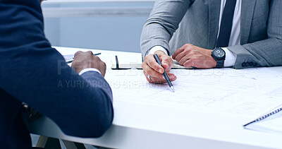 Buy stock photo Architecture, people and hands on paper for meeting, building planning and urban development in office. Design team, pen and blueprint in firm for brainstorming, collaboration and engineering idea