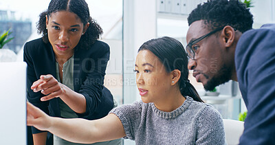 Buy stock photo Business people, computer and pointing for discussion, training and mentorship with b2b planning. Diversity, meeting and collaboration for growth, future project and investment for company and goals