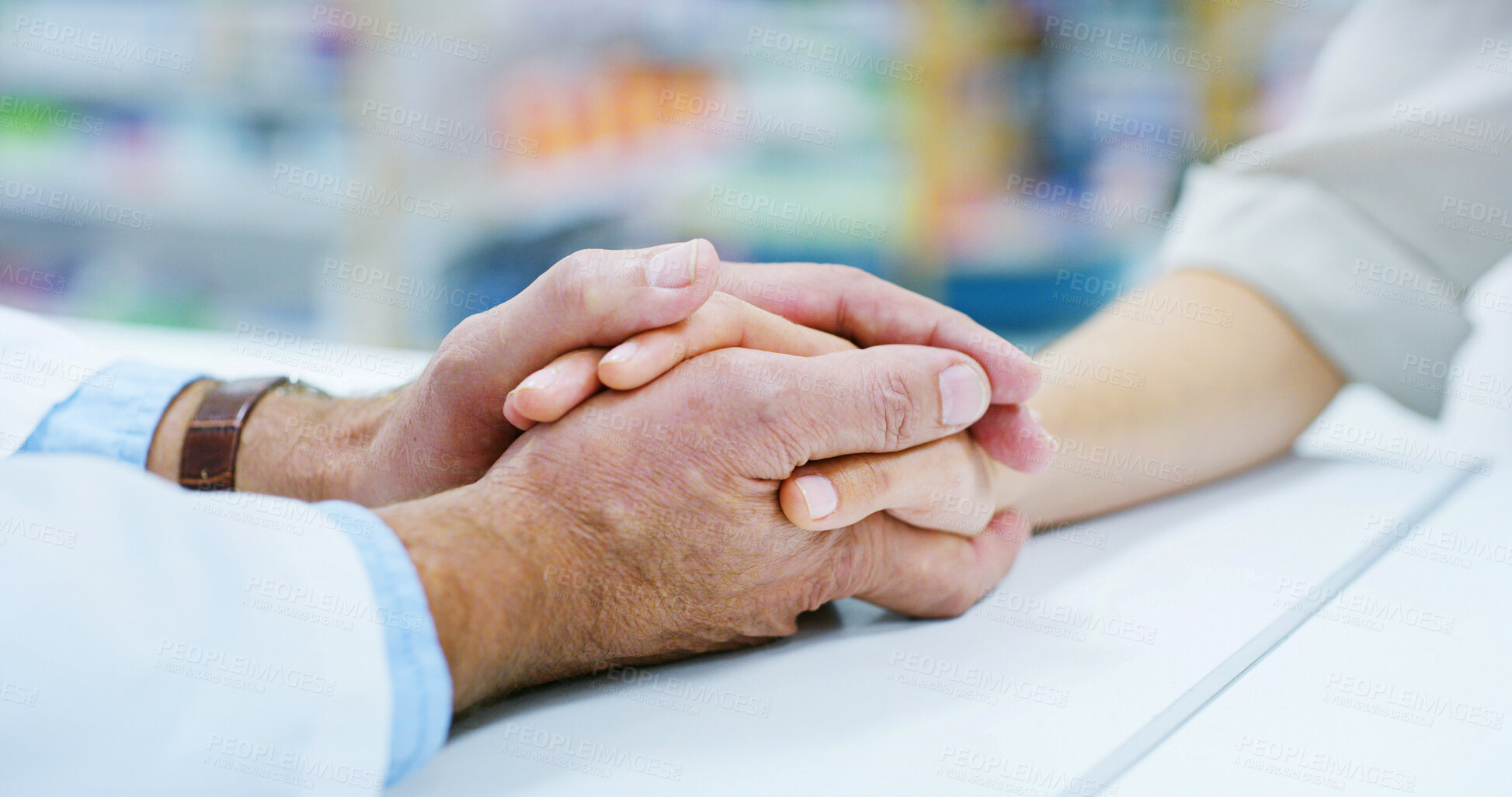 Buy stock photo Person, doctor and hands with patient for empathy, healthcare or trust and support at pharmacy. Closeup, pharmacist or customer with touch for sympathy, health advice or consultation at drug store