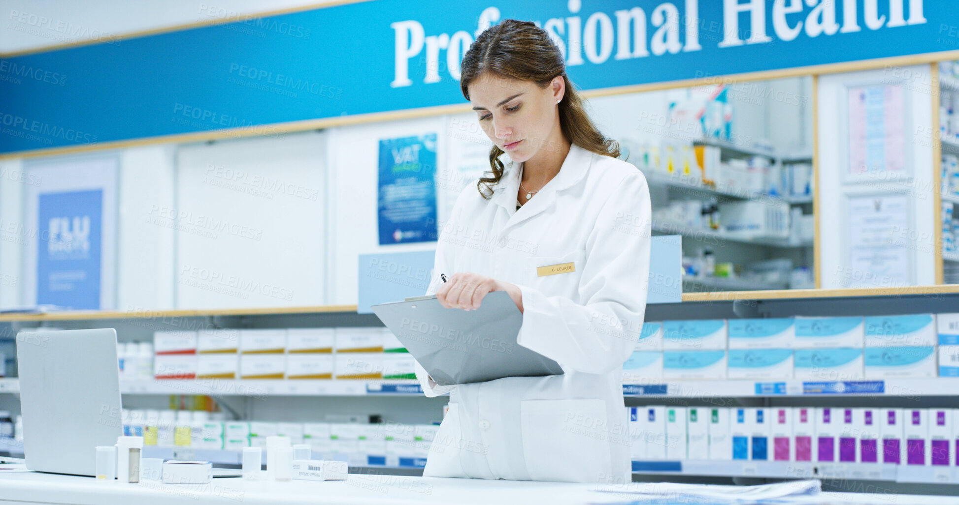 Buy stock photo Pharmacist, laptop and checklist for stock, inventory and medicine as chemist, drugstore and employee. Woman, doctor and technology in pharmacy, clinic or dispensary for prescription, help and advice