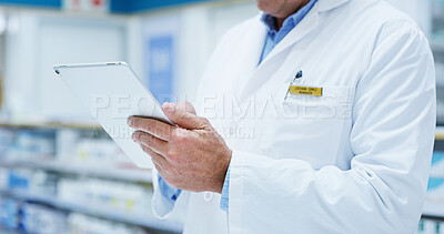 Buy stock photo Pharmacist, tablet and advice for stock, dispensary and medicine as chemist, drugstore and employee. Mature man, doctor and tech in pharmacy, clinic or inventory with prescription, help and checklist