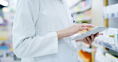 Buy stock photo Pharmacist, tablet and checklist for pills, inventory and medicine as chemist, drugstore and employee. Woman, doctor and technology in pharmacy, clinic or dispensary for prescription, help and advice