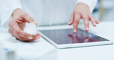 Buy stock photo Doctor, hands and tablet with medication at pharmacy for medical research, side effects or symptoms. Closeup, pharmacist or healthcare worker with technology or pills for pharmaceutical information