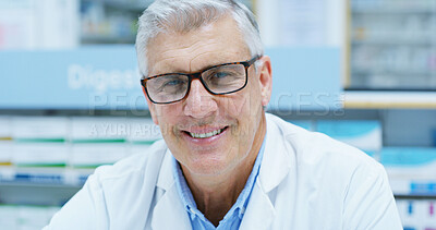 Buy stock photo Senior man, pharmacist and happy with portrait at shop for healthcare, drugs and pride for career. Person, smile and face at store, dispensary or confidence with pharma product for wellness in Greece