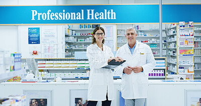 Buy stock photo Clipboard, collaboration and portrait of people in pharmacy together for healthcare or medicine. Documents, insurance or medical with smile of man and woman pharmacist on dispensary for consulting