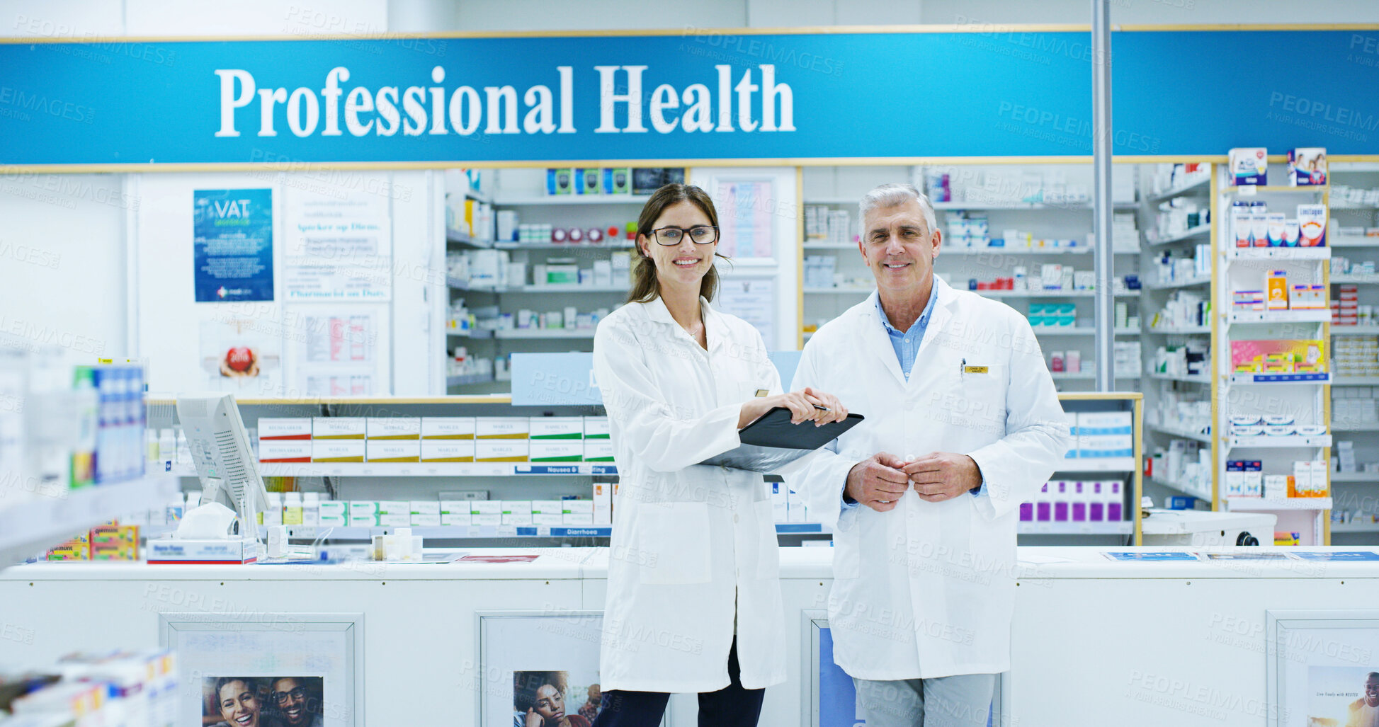 Buy stock photo Clipboard, collaboration and portrait of people in pharmacy together for healthcare or medicine. Documents, insurance or medical with smile of man and woman pharmacist on dispensary for consulting